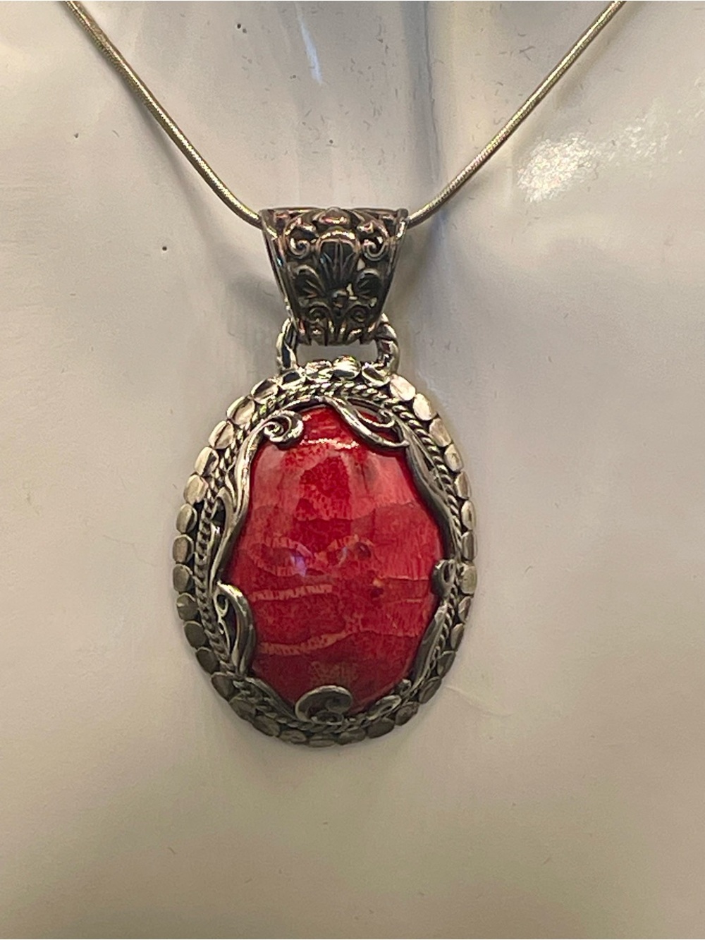 NEW SARDA 925 Silver Oval Red Bamboo Coral Pendant Artisan Gem Collection